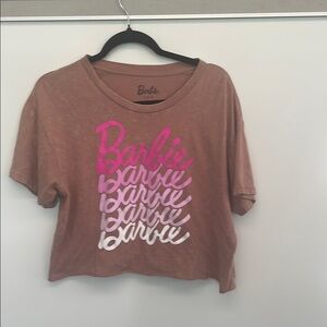 Barbie Tan Crop Top with Pink and White Script